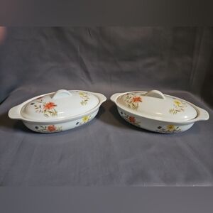 Two Country Flowers By Andrea Floral Oval Casserole Dishes with Lids